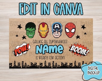 Plantilla de pancarta de superhéroe / Pancarta editable de Canva / Letrero pintado DIY de 36 x 60 / Descarga digital