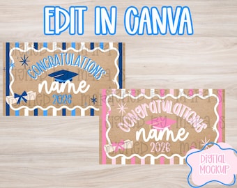 May include: Two graduation announcement mockups. One features blue and white accents, the other pink and white. Both have the text "Congratulations", a graduation cap, and space for a name and the year 2026.