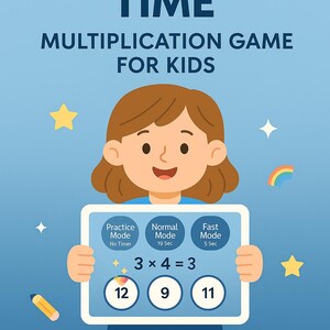 Op de afbeelding: Een blauwe educatieve afbeelding met de tekst "FAST MATH TIME" en "MULTIPLICATION GAME FOR KIDS". Een stripfiguur houdt een tablet vast met een wiskundeprobleem. De game biedt oefen-, normale en snelle modi. De onderste tekst luidt "INTERACTIVE HTML GAME TIMES TABLES 1-12".