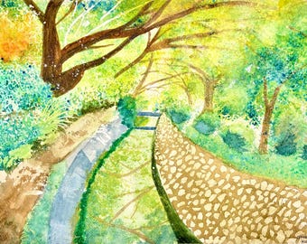 Un paseo por Karuizawa - Acuarela original pintada a mano de 15 x 11 pulgadas.