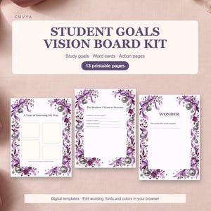 May include: A student goals vision board kit with 13 printable pages. The kit features purple ribbons, silver ornaments, and floral accents. Text includes Student Goals Vision Board Kit, A Year of Learning My Way, The Student I Want to Become, and WONDER.