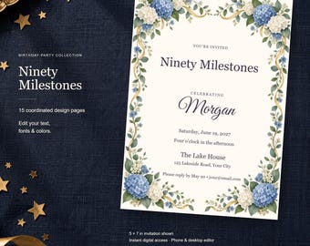Ninety Milestones Birthday Templates, Editable Invitation, Matching Signs & Games, 15 Digital Pages