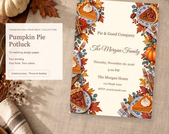 Pumpkin Pie Potluck, Thanksgiving Printable Kit, 12 Designs, Edit Online, Digital Download