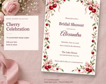 Cherry Celebration Bridal Shower Templates, Editable Invitation, Matching Signs & Games, 15 Digital Pages