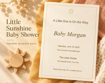 Little Sunshine Baby Shower Templates Bundle, Editable Invitation, Signs and Games, 16 Pages