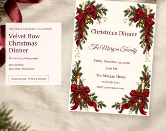 Velvet Bow Christmas Dinner, Christmas Printable Party Kit, 12 Designs, Edit Online, Digital Download