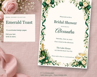 Emerald Toast Bridal Shower Templates, Editable Invitation, Matching Signs & Games, 15 Digital Pages