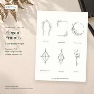 Op de afbeelding: Een digitaal downloadblad getiteld CUVYA Elegant Frames met zes fijne zwart-wit botanische illustraties: een botanische boog, botanisch frame, wilde rozenkrans, ornamentale diamant, filigraan druppel en een bloemige sleutel.