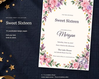Sweet Sixteen Birthday Templates, Editable Invitation, Matching Signs & Games, 15 Digital Pages