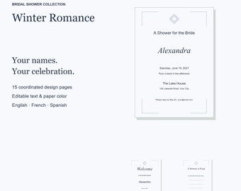 Pacchetto di modelli per addio al nubilato a tema "Romanticismo invernale", con inviti modificabili, cartelli e giochi, 15 pagine.