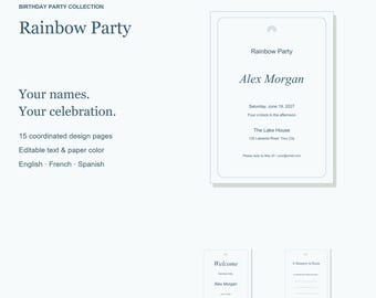 Pacchetto di modelli per una festa di compleanno a tema arcobaleno, con inviti modificabili, cartelli e giochi, 15 pagine.