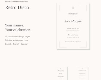 Pacchetto di modelli per feste di compleanno a tema discoteca retrò, inviti modificabili, cartelli e giochi, 15 pagine