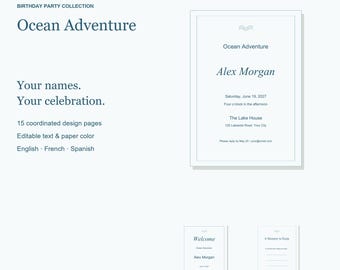 Pacchetto di modelli per compleanno a tema "Avventura nell'oceano", inviti modificabili, cartelli e giochi, 15 pagine.
