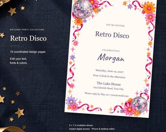 Retro Disco Birthday Templates, Editable Invitation, Matching Signs & Games, 15 Digital Pages