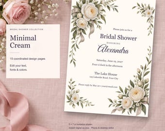 Minimal Cream Bridal Shower Templates, Editable Invitation, Matching Signs & Games, 15 Digital Pages
