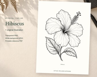 Disegno per tatuaggio a linee sottili di un ibisco: PNG, JPG e PDF di riferimento stampabile