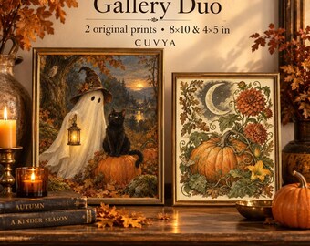 ヴィンテージハロウィンウォールアートデュオ、幽霊と黒猫、ハーベストムーンパンプキンプリント、デジタルダウンロード