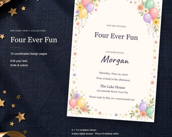 Four Ever Fun Birthday Templates, Editable Invitation, Matching Signs & Games, 15 Digital Pages