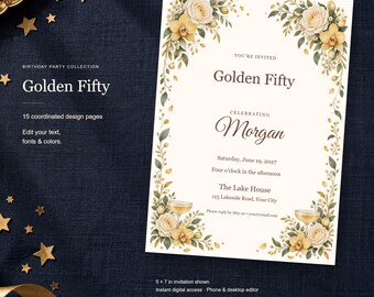Golden Fifty Birthday Templates, Editable Invitation, Matching Signs & Games, 15 Digital Pages