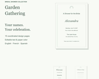 Pacchetto di modelli per addio al nubilato a tema "Garden Gathering", con inviti modificabili, cartelli e giochi, 15 pagine.