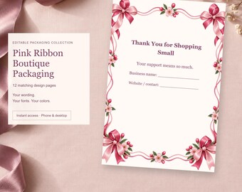 Pink Ribbon Boutique Packaging, Small Business Packaging Templates, 12 Designs, Edit Online, Digital Download