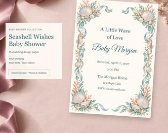 Seashell Wishes Baby Shower, Baby Shower Templates, 15 Designs, Edit Online, Digital Download