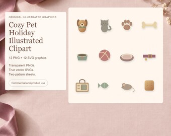 Clipart di animali domestici per Natale: 12 immagini PNG trasparenti, file SVG con immagini incorporate e 2 motivi stampabili.