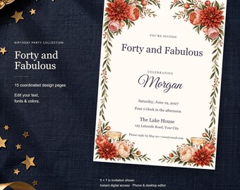 Forty and Fabulous Birthday Templates, Editable Invitation, Matching Signs & Games, 15 Digital Pages