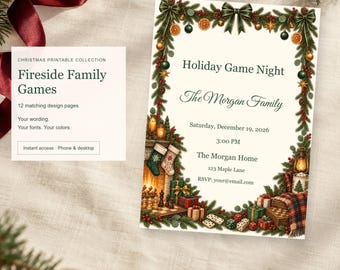Fireside Family Games, Christmas Printable Party Kit, 12 Designs, Edit Online, Digital Download