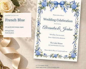 French Blue Wedding Template Bundle, Editable Invitation, Matching Signs & Table Cards, 36 Digital Pages