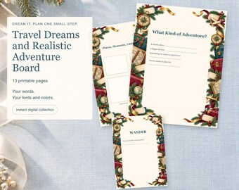 Kit per la creazione di una bacheca dei desideri di viaggio: obiettivi di avventura stampabili, liste dei desideri e fogli di lavoro per la pianificazione del viaggio.