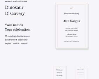 Pacchetto di modelli per feste di compleanno a tema "Scoperta dei dinosauri", con inviti modificabili, cartelli e giochi, 15 pagine.