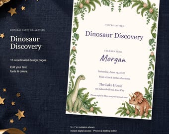 Dinosaur Discovery Birthday Templates, Editable Invitation, Matching Signs & Games, 15 Digital Pages