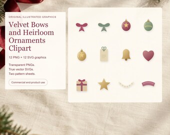 Clipart di fiocchi e decorazioni natalizie: 12 immagini PNG, immagini SVG incorporate e 2 modelli stampabili