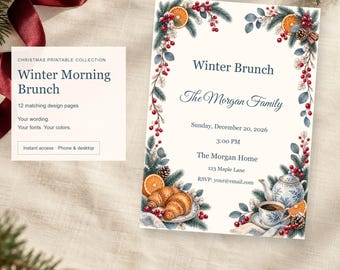 Winter Morning Brunch, Christmas Printable Party Kit, 12 Designs, Edit Online, Digital Download