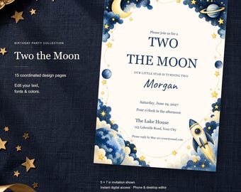 Two the Moon 2nd Birthday Party Pack, Editable Space Invitation, Moon and Stars Signs & Games, 15 Digital Pages