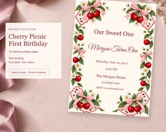 Cherry Picnic First Birthday, Birthday Party Templates, 15 Designs, Edit Online, Digital Download