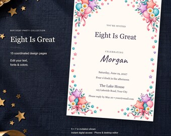Eight Is Great Birthday Templates, Editable Invitation, Matching Signs & Games, 15 Digital Pages