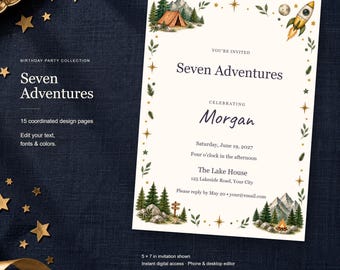 Seven Adventures Birthday Templates, Editable Invitation, Matching Signs & Games, 15 Digital Pages