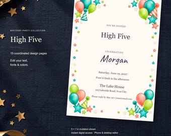 High Five Birthday Templates, Editable Invitation, Matching Signs & Games, 15 Digital Pages