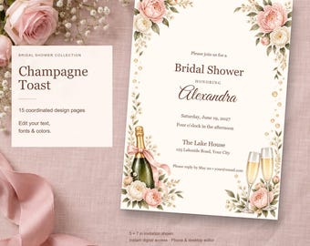 Champagne Toast Bridal Shower Templates, Editable Invitation, Matching Signs & Games, 15 Digital Pages