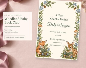 Woodland Baby Book Club, Baby Shower Templates, 15 Designs, Edit Online, Digital Download