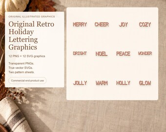 Scritte natalizie in stile retrò: 12 grafiche PNG, immagini SVG incorporate e 2 modelli stampabili