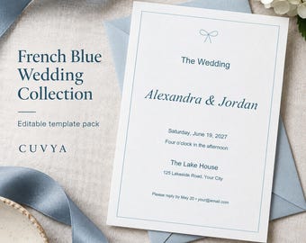 French Blue Wedding Templates Bundle, Editable Invitations and Signs, 36 Pages