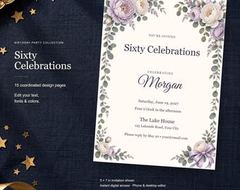 Sixty Celebrations Birthday Templates, Editable Invitation, Matching Signs & Games, 15 Digital Pages