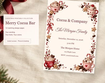 Merry Cocoa Bar, Christmas Printable Party Kit, 12 Designs, Edit Online, Digital Download