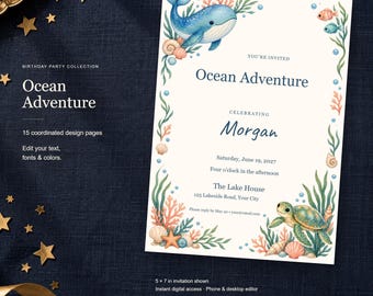 Ocean Adventure Birthday Templates, Editable Invitation, Matching Signs & Games, 15 Digital Pages