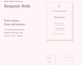 Pacchetto di modelli per addio al nubilato a tema "Sposa Borgogna", con inviti modificabili, cartelli e giochi, 15 pagine.
