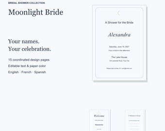 Pacchetto di modelli per addio al nubilato a tema "Sposa al chiaro di luna", con inviti modificabili, cartelli e giochi, 15 pagine.