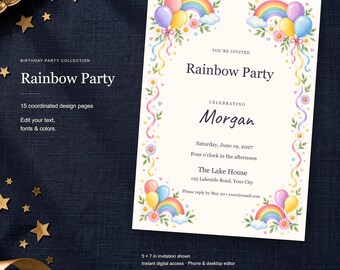Rainbow Party Birthday Templates, Editable Invitation, Matching Signs & Games, 15 Digital Pages